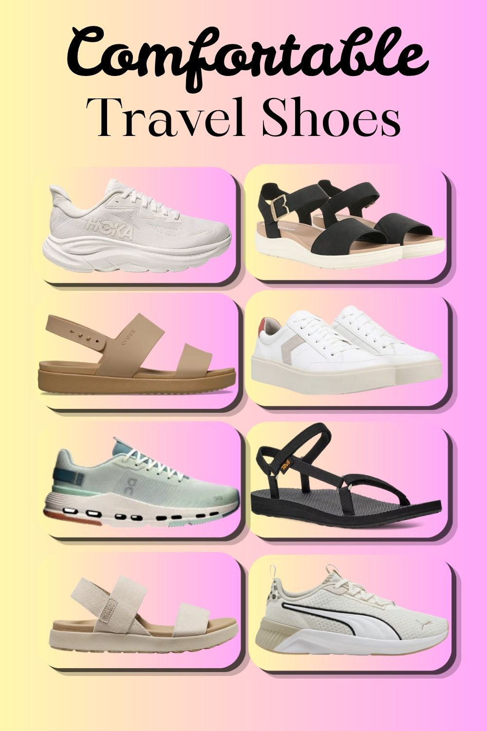 Comfortable Travel Shoes: Sneakers and sandals comfy enough to take you all over cities and theme parks. 
The worst thing when travelling is blistered aching feet standing in your way from experiencing everything you set out to in a new place. 

 