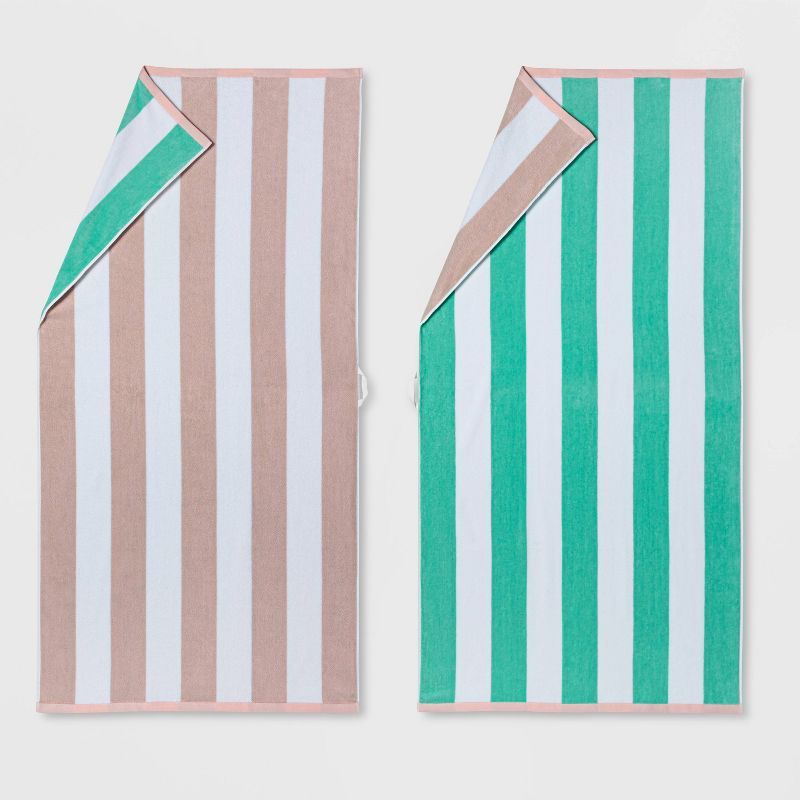 2pk Reversible Striped Beach Towel Set Mint/Pink - Sun Squad™ | Target