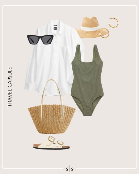 Summer Vacation Travel Capsule Wardrobe outfit idea | green one piece swimsuit, white button up, slip on sandal, straw tote bag, straw sun hat, sunglassess, gold hoops

See the entire Summer Vacation Travel Capsule Wardrobe on thesarahstories.com ✨ 


#LTKStyleTip