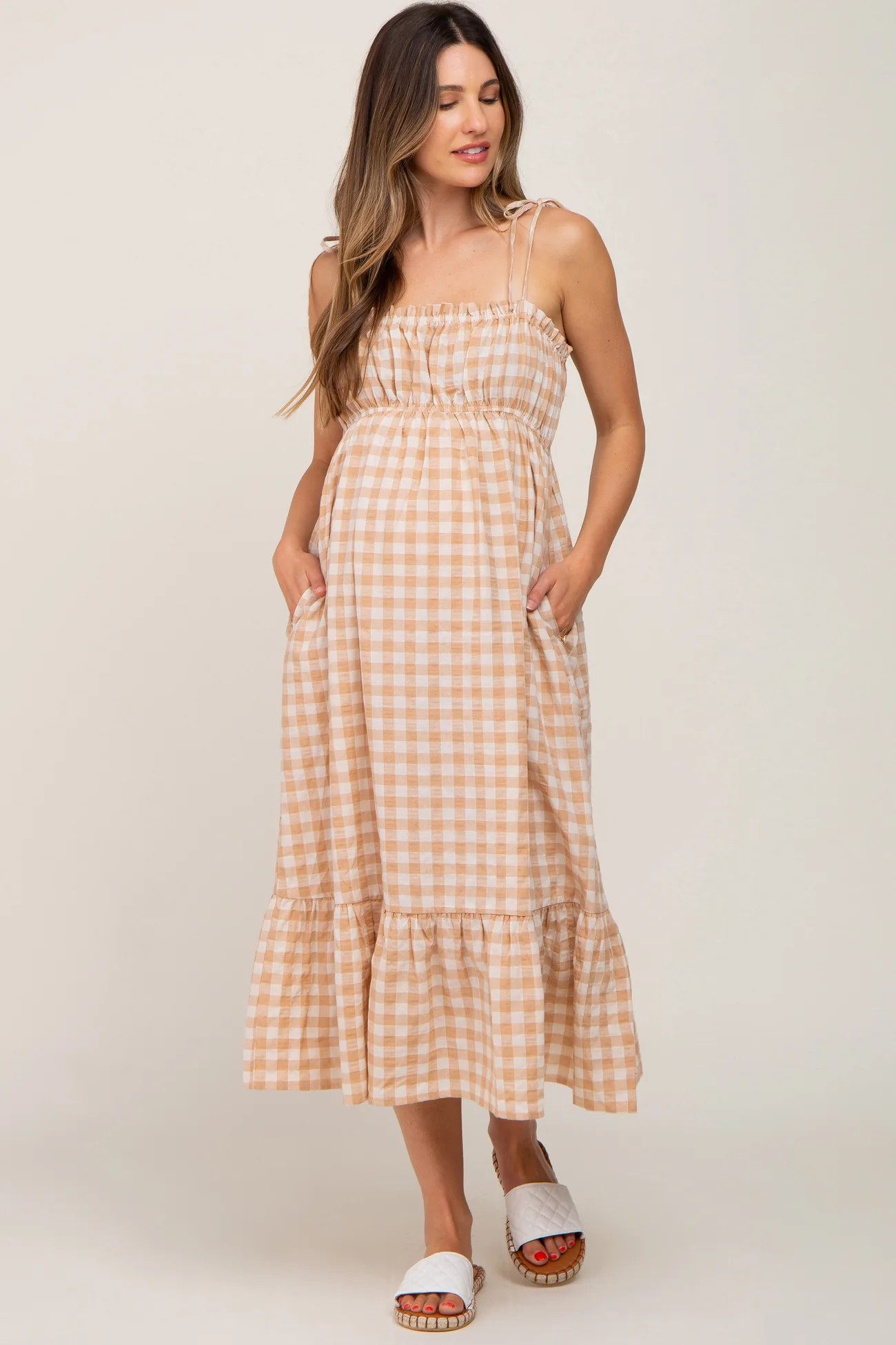 Taupe Gingham Square Neck Tie Strap Maternity Midi Dress | PinkBlush Maternity