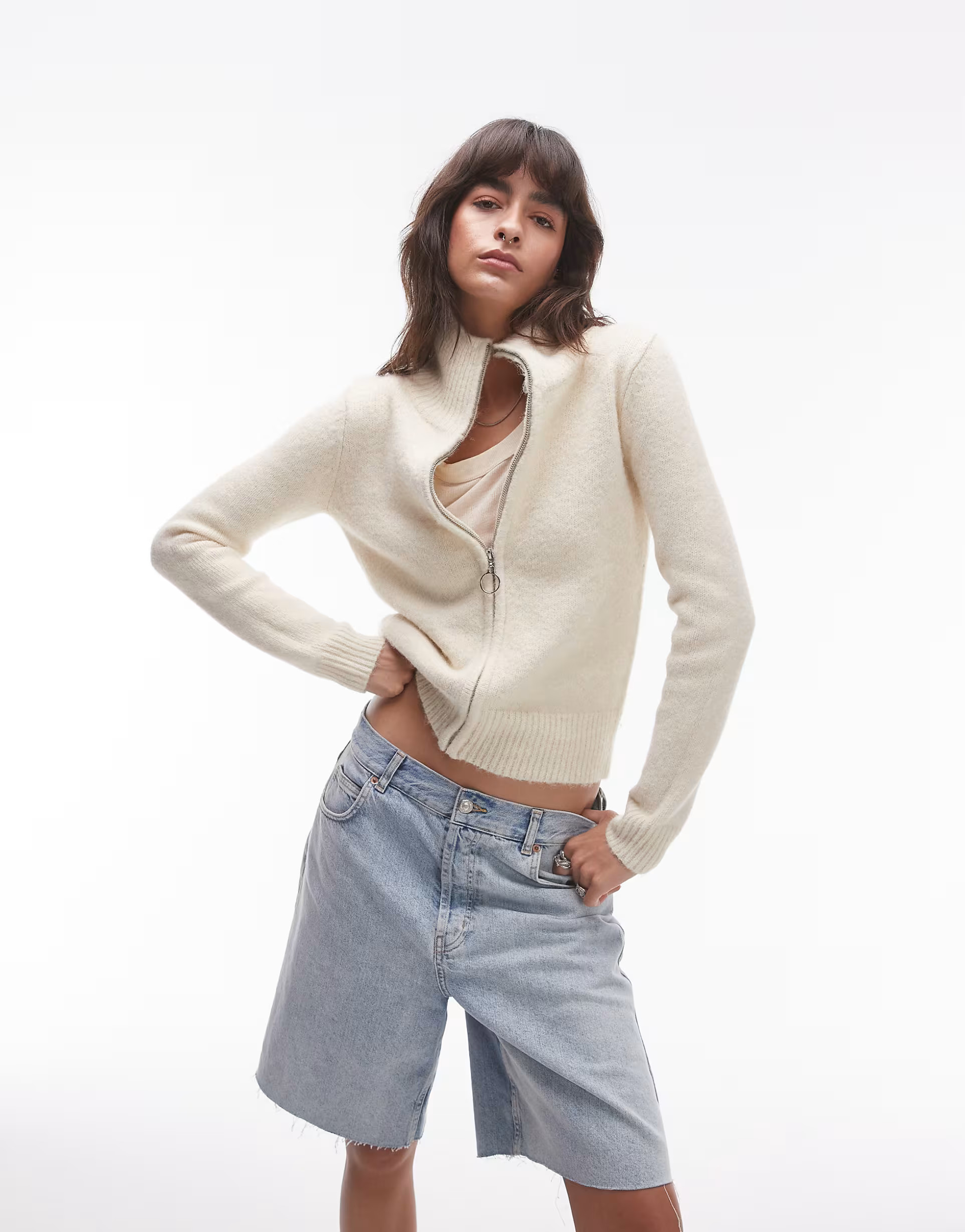 Topshop knit fluffy zip through cardigan in cream | ASOS (Global)