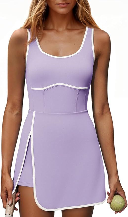 Fisoew Womens Workout Tennis Dress with Built-in Bra & Shorts Pockets Sleeveless Cutout Golf Athl... | Amazon (US)