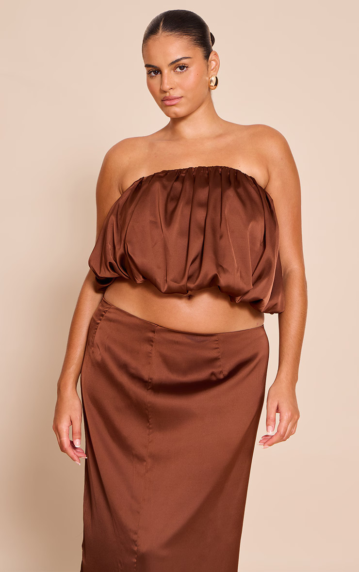 Plus Chocolate Satin Puffball Bandeau Top | PrettyLittleThing US