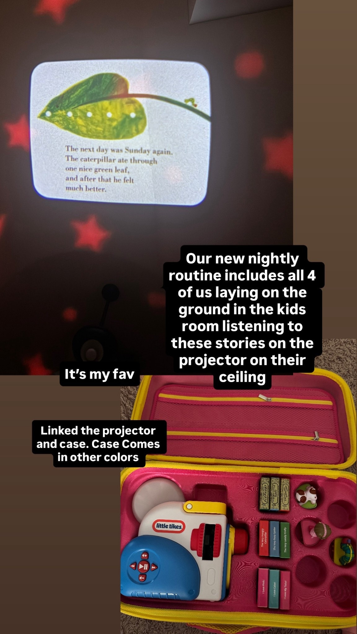 Our new nightly routine includes all 4 of us laying on the ground in the kids room listening to these stories on the projector on their ceiling #target #walmart #amazon #projector #playroom #kidtoys #toddlertoys
