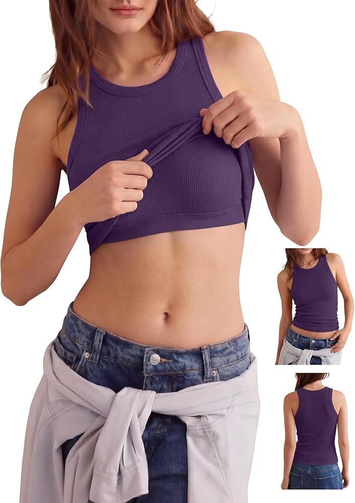 Women's Racerback Crew Neck Tank Tops with Built in Bra Ribbed Slim Fitted Camisole Basic Tee Sum... | Amazon (US)