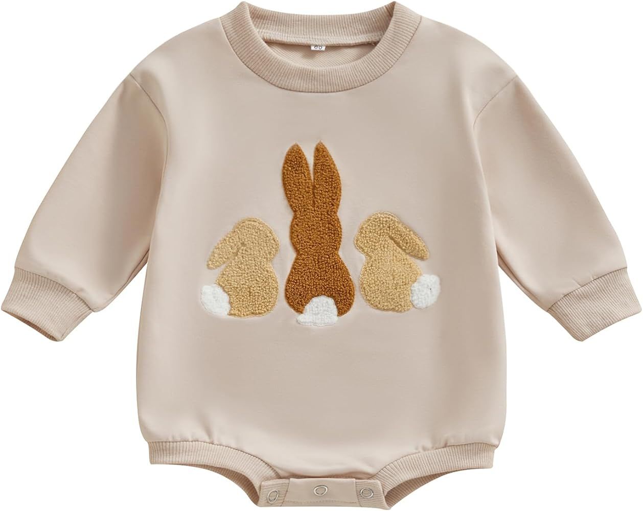 Lesimsam Newborn Baby Boy Girl Easter Outfit Bunny Embroidery Sweatshirt Romper Oversized Long Sl... | Amazon (US)