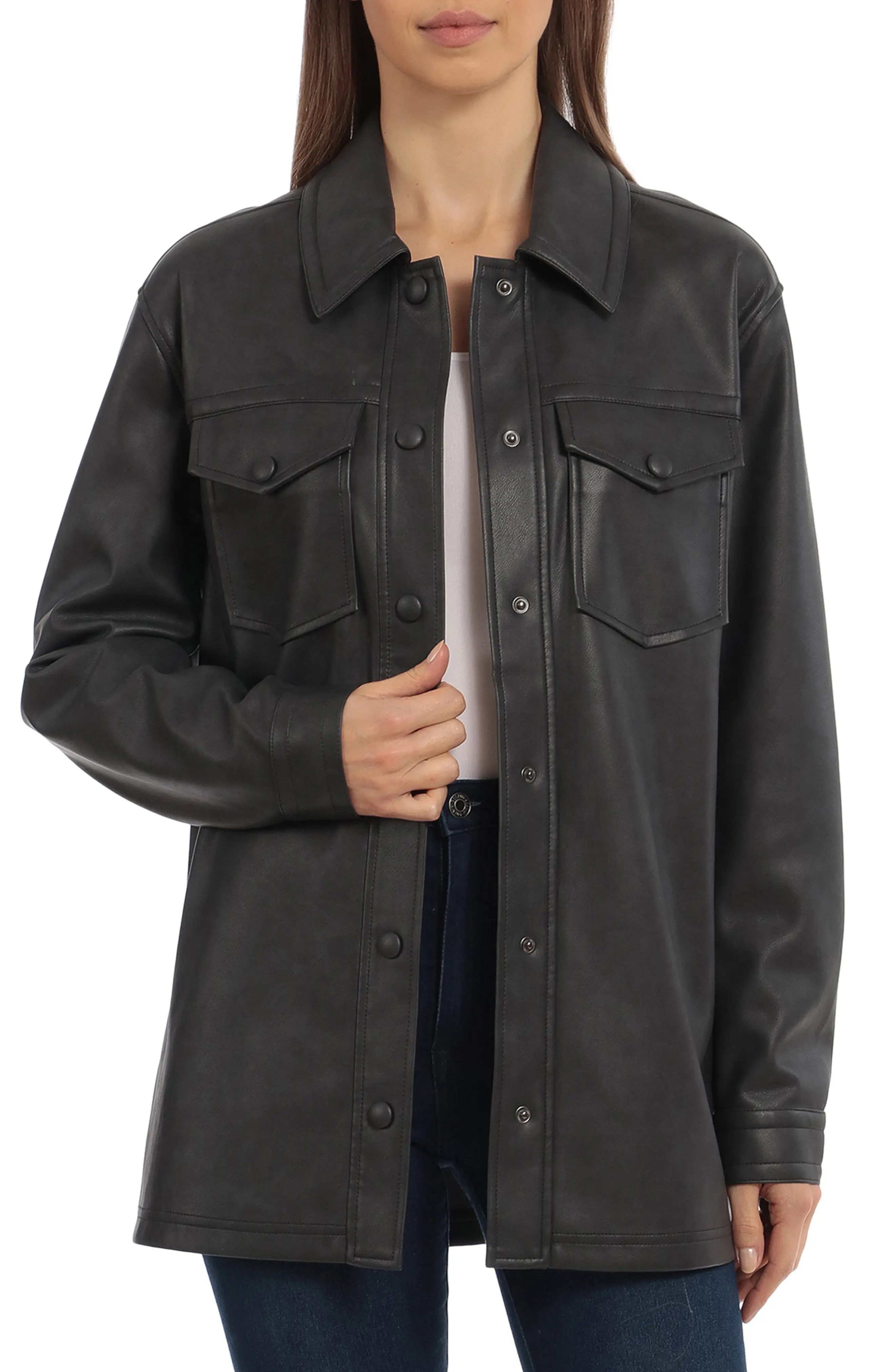 Women's Avec Les Filles Faux Leather Shirt Jacket, Size X-Large - Grey | Nordstrom