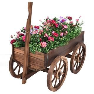 Costway Brown Wood Wagon Flower Outdoor Wood Plant Stand Pot Stand with Wheels-OP3045 - The Home ... | The Home Depot