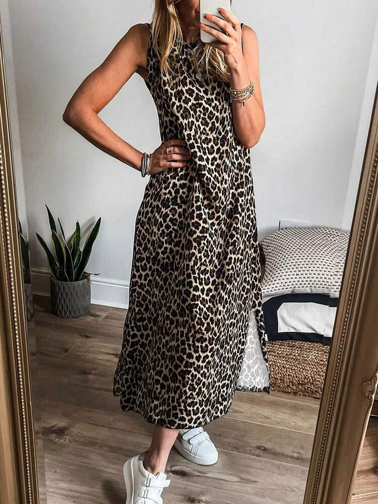 Oversized Sleeveless Leopard Print Beige Maxi Casual Dress | SHEIN