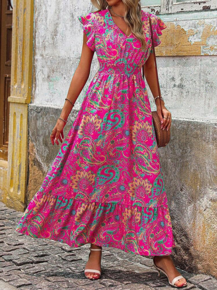 EMERY ROSE Women's Casual Printed V-Neck Summer Holiday Dress With Flutter Sleeves, Pleated Waist... | SHEIN