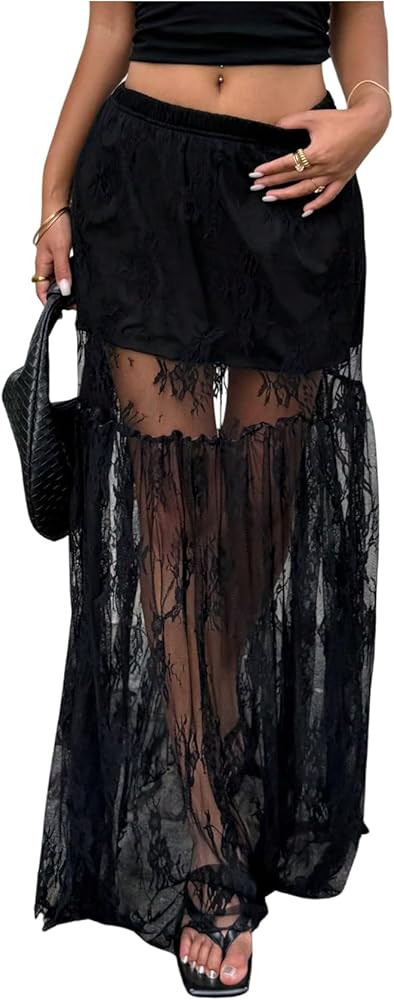 GORGLITTER Women's Lace Maxi Skirts High Waisted Sheer Mesh Ruffle Hem Flowy A Line Long Pencil S... | Amazon (US)