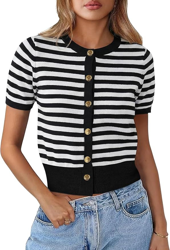 Kistore Womens Summer Casual Short Sleeve Sweater Cardigan Button Down Crew Neck Knitted Crop Car... | Amazon (US)