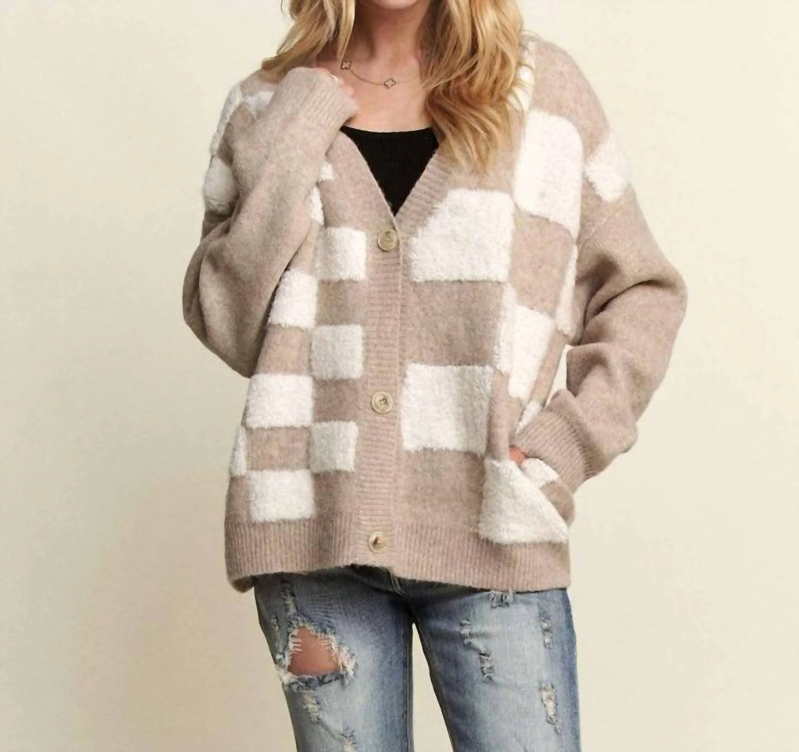 Puff Checker Sweater Cardigan In Taupe | Shop Simon