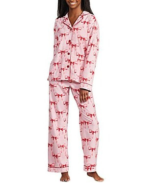 PJ Salvage Bow Print Hello Beautiful Embroidered Long Sleeve Notch Collar Flannel Pajama Headband Holiday Set - M | Dillard's