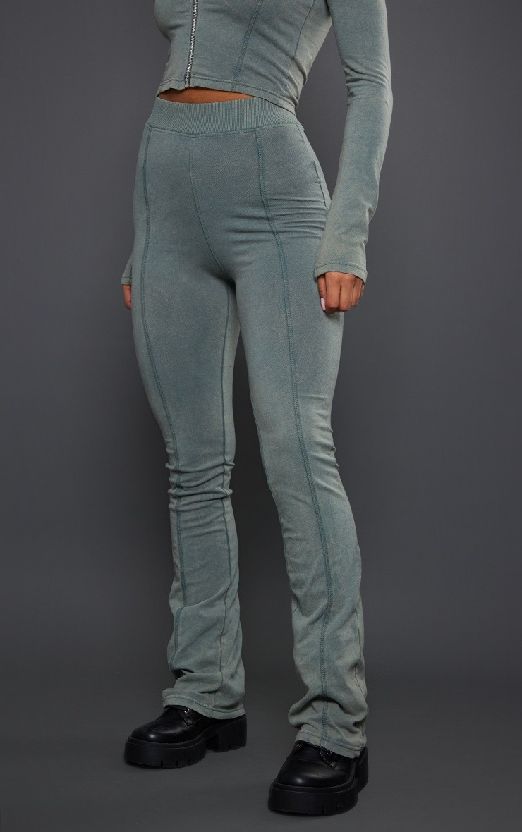 Khaki Acid Washed Seam Flared Trousers | PrettyLittleThing UK