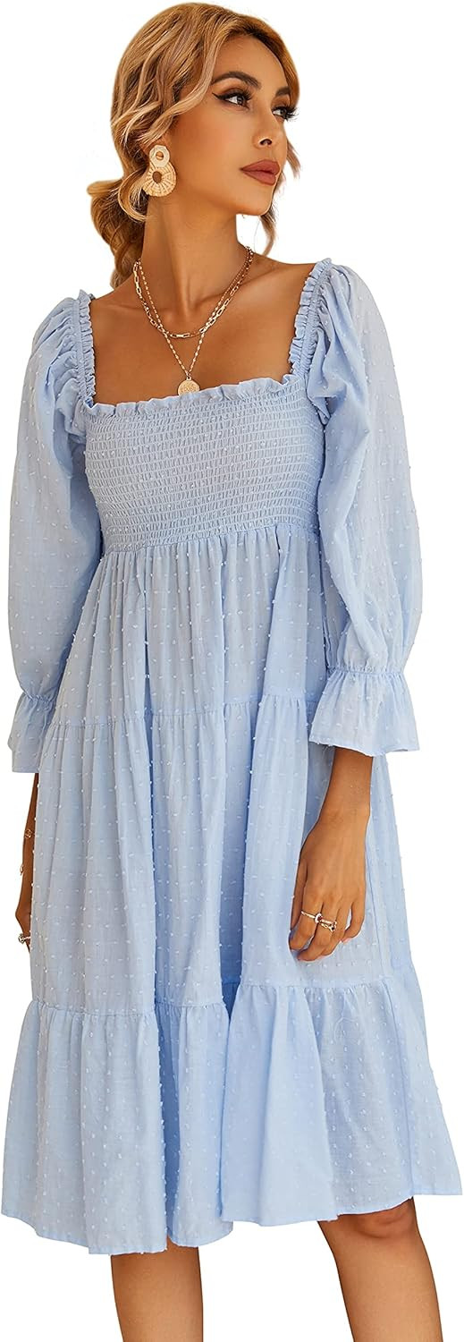 R.Vivimos Women's Summer Cotton Plaid Puff Sleeves Bow Casual Off-Shoulder Boho Midi Dress | Amazon (US)