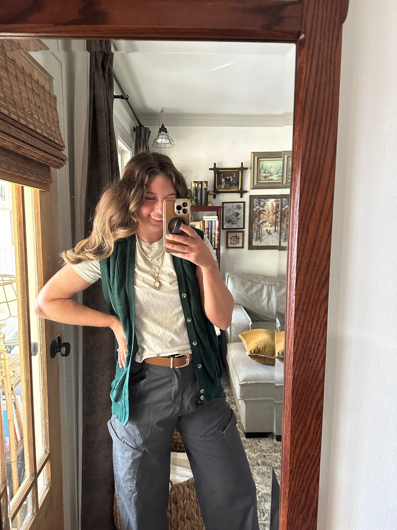 Fall transitional outfit with comfy wide leg cargo pants (vest, belt, and necklace were thrifted)
