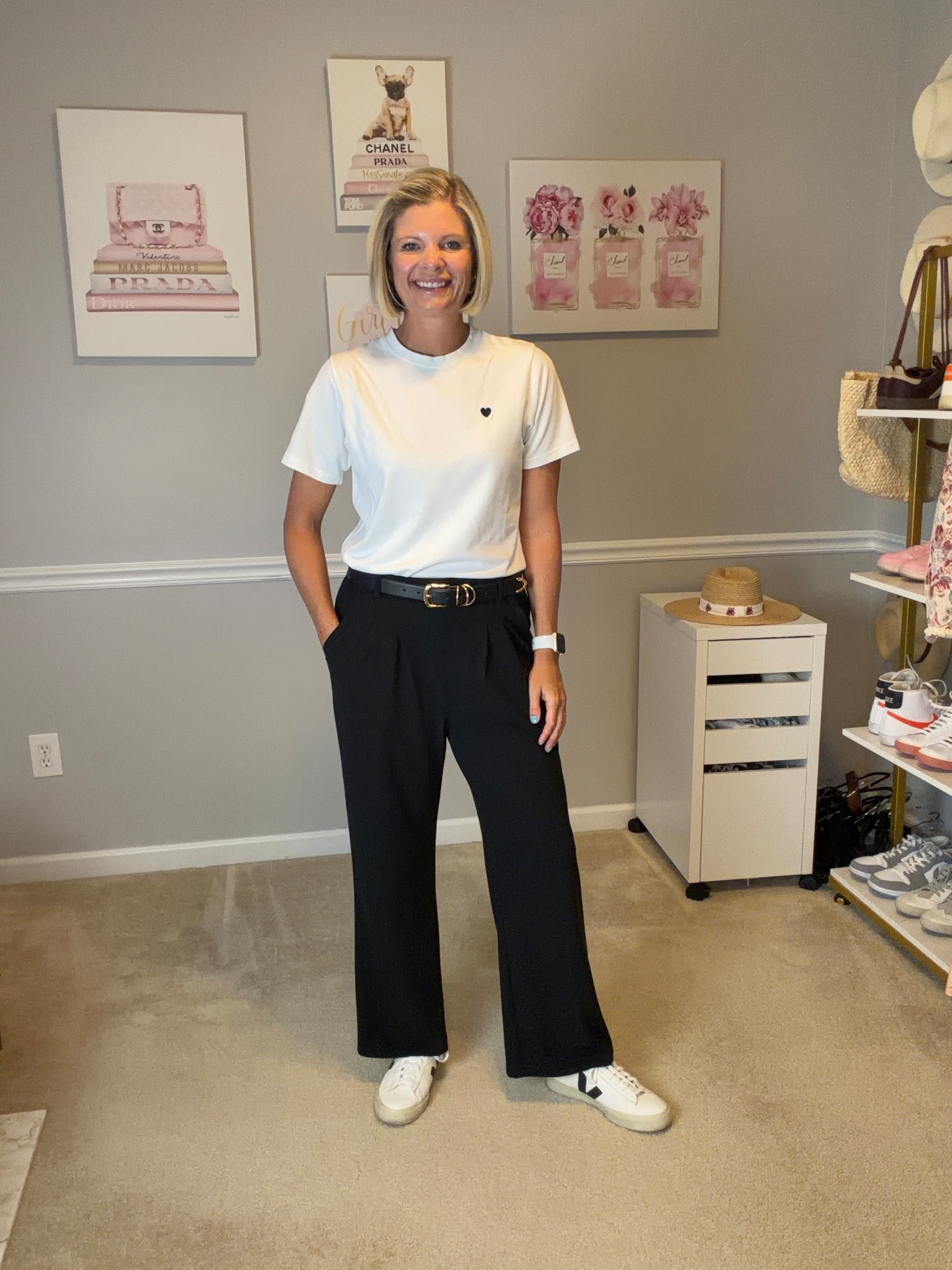 Black straight leg elastic waist trousers TTS
White baby T with black heart TTs
Black and white Vejas sneakers TTS

#LTKOver40 #LTKTravel #LTKWorkwear