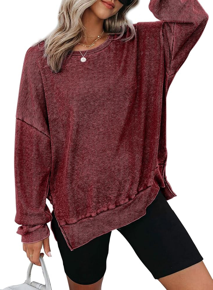 Dokotoo Womens Oversized Waffle Knit Crewneck Sweatshirts Long Sleeve Side Slits Casual Pullover ... | Amazon (US)