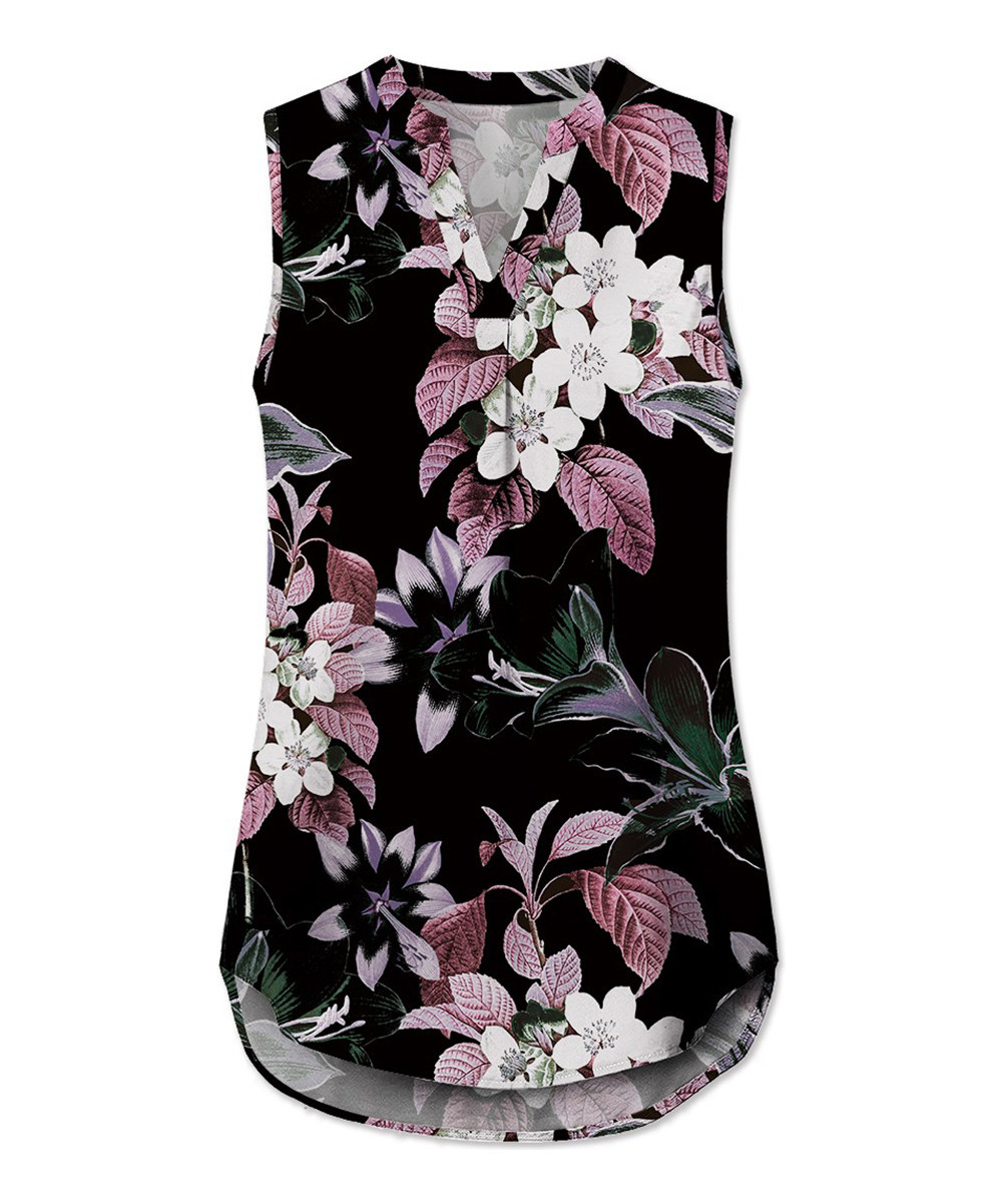 UDEAR Women's Blouses Print - Black & Pink Floral Sleeveless Notch Neck Tunic - Plus | Zulily