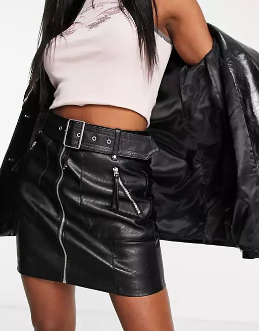 Topshop Tall Leather look belt and zip mini skirt in Black | ASOS (Global)