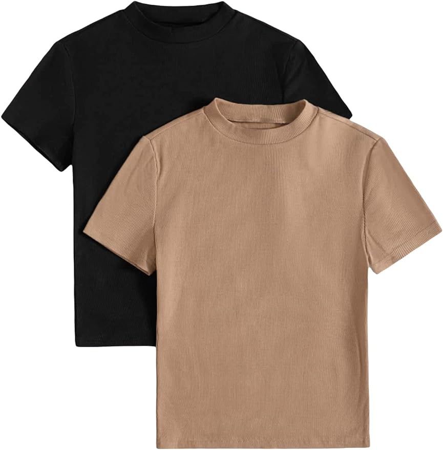 Verdusa Women's 2 Pack Basic Mock Neck Tee Top Casual Short Sleeve T Shirt | Amazon (US)