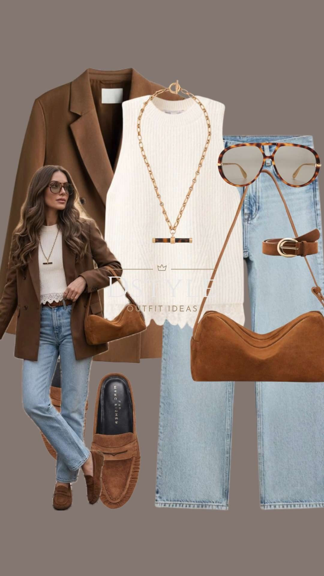 The Must-Have Suede Shoulder Bag 👜✨
Outfit Details:

The Hero Piece: Minimalist suede shoulder bag in a rich camel tone.

Layering: Oversized brown blazer paired with a chic scalloped-edge knit vest.

Denim & Shoes: Light wash straight-leg jeans finished with matching suede loafers.

Finishing Touches: Tortoise aviators and gold link jewelry.

Suede shoulder bag, camel blazer outfit, neutral spring style, Marc Fisher loafers, light wash denim, quiet luxury aesthetic, everyday chic, LTKshopper, work to weekend. 

 

#LTKootd #LTKWorkwear