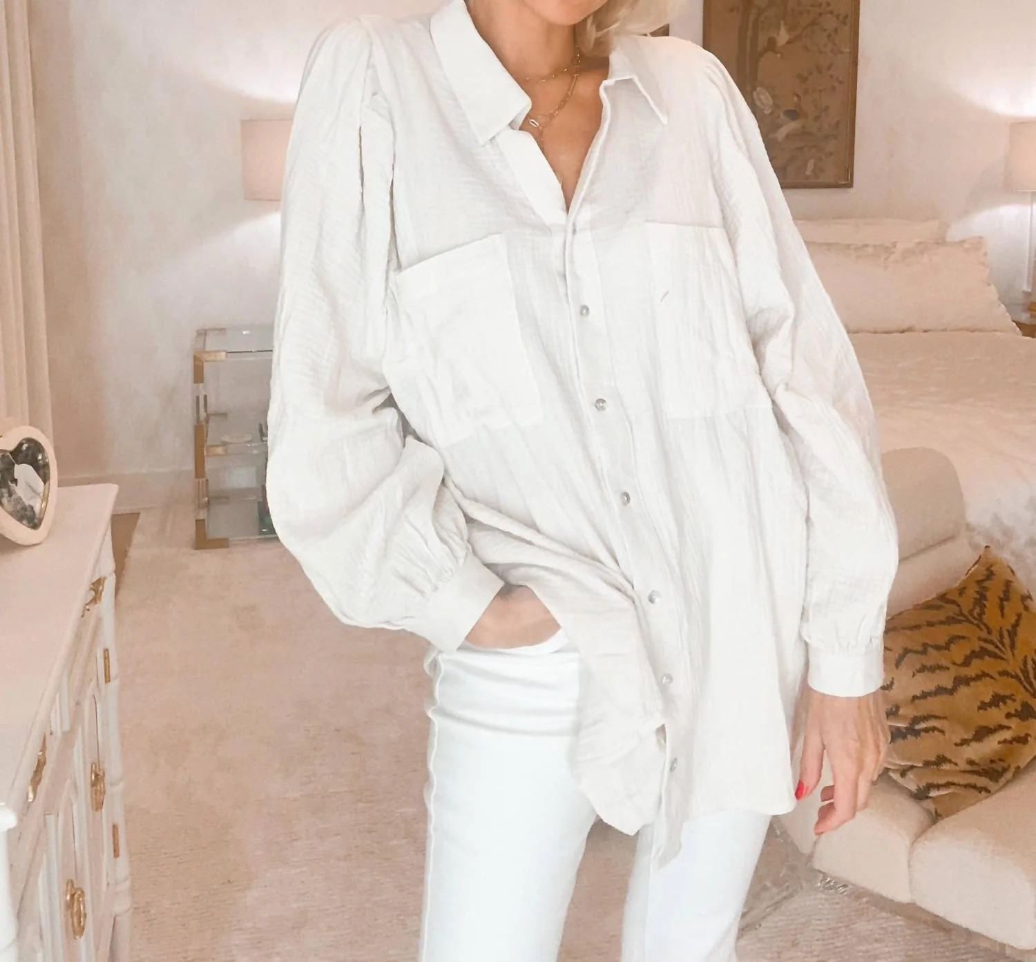Oversized Gauze Button Down Top In White | Shop Simon