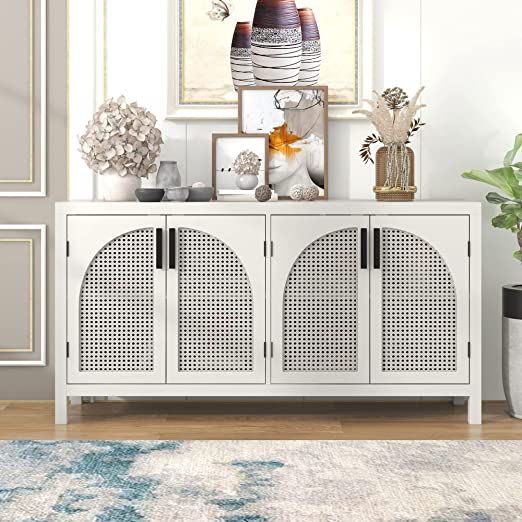 kevinplus 60'' White Rattan Sideboard Kitchen Buffet Storage Cabinet, Modern Mid-Century Contempo... | Amazon (US)