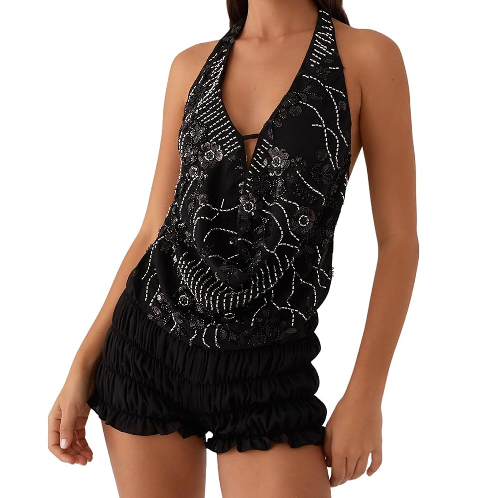 Women Sequin Halter Top Y2K Sparkly Beaded Glitter Party Rave Tank Tops | Amazon (US)