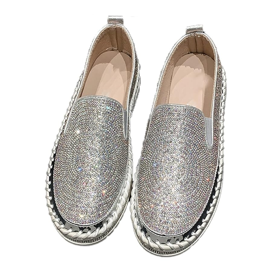 Women's Rhinestones Platform Loafer Comfort Round Wide Toe Slip On Sparkle Walking Shoes Handmade... | Amazon (US)