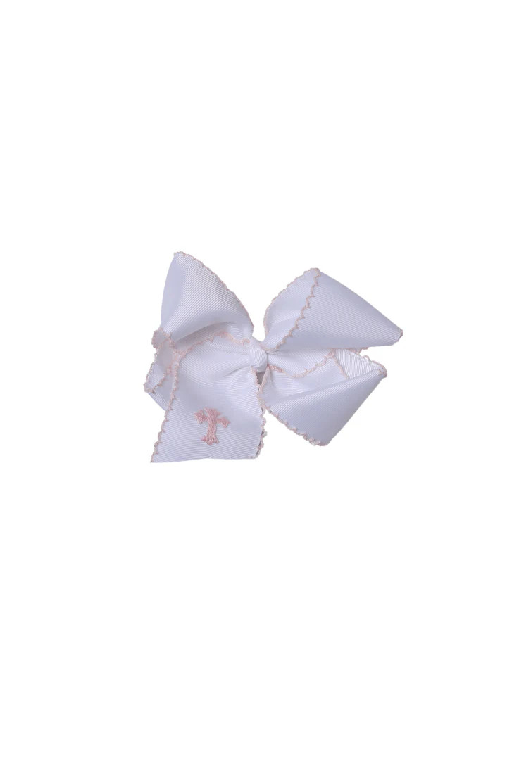 Scalloped Edge Grosgrain Bow with Embroidered Cross White/Pink | The Smocked Flamingo