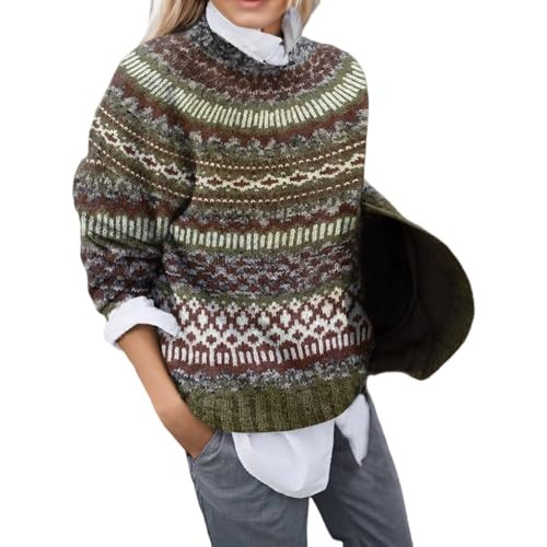 Women's Boho Fair Isle Pattern Long Sleeve Crewneck Sweater Lightweight Cozy Fall Winter Knitwear... | Amazon (US)