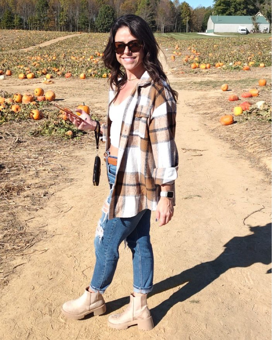 Perfect fall or pumpkin patch outfit! Plaid shacket, destroyed mom jeans and boots, don’t forget the sunnies!

#LTKStyleTip #LTKShoeCrush #LTKSeasonal