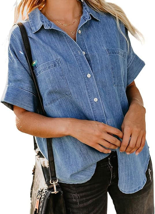 Dokotoo Blouses for Women Casual V Neck Short Sleeve Womens Denim Tops and Blouse | Amazon (US)