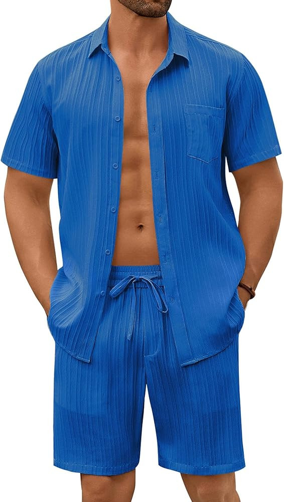 COOFANDY Men's Summer Beach Outfits 2 Piece Short Sets Shirts and Shorts Vacation Texture Linen S... | Amazon (US)