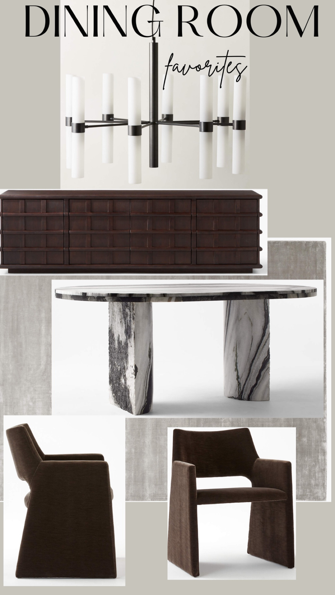 Dining room furniture, credenza, dining table, dining chairs, chandelier, rug

#LTKHome #LTKFamily