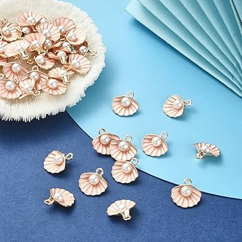 LiQunSweet 100 Pcs Golden Pink Shell Charm Enamelled Mini Ocean Theme Pendants with Faux Pearl Bu... | Amazon (US)