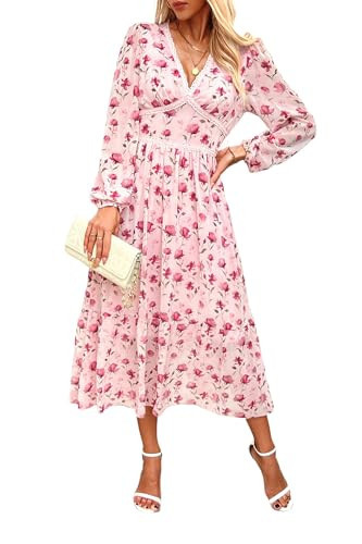 Women's Spring Wrap Maxi Dress Floral V Neck Long Sleeve Wedding Guest Party Casual Chiffon Dress Pink S | Amazon (US)