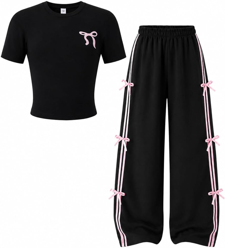 Girls 2-Piece Outfits Short Sleeve Bow Print Top & Wide Leg Pants Summer Casual Clothing Set Size... | Amazon (US)