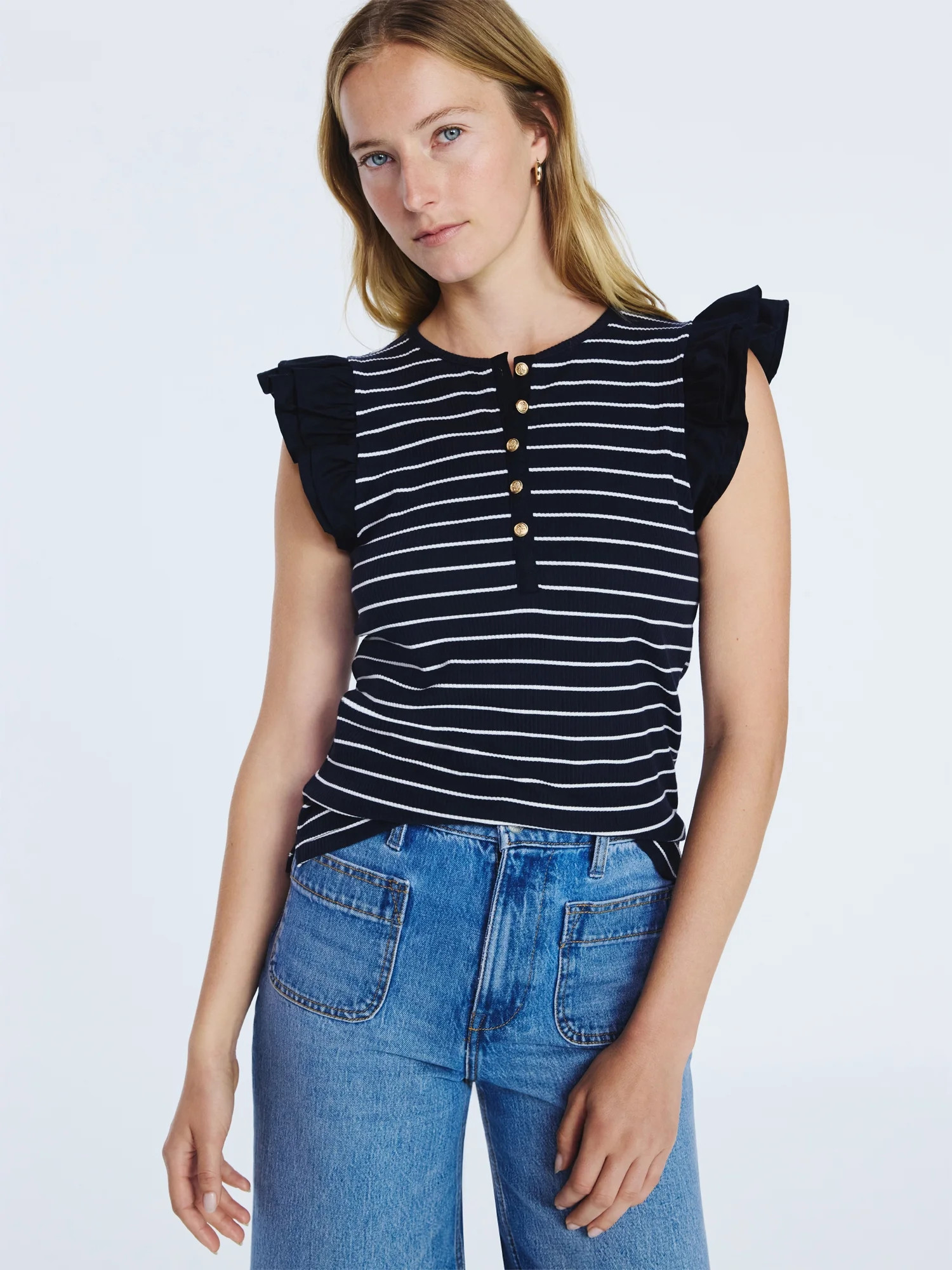 Free Assembly Women's and Women’s Plus Flutter Sleeve Henley Top, Sizes XS-4X | Walmart (US)