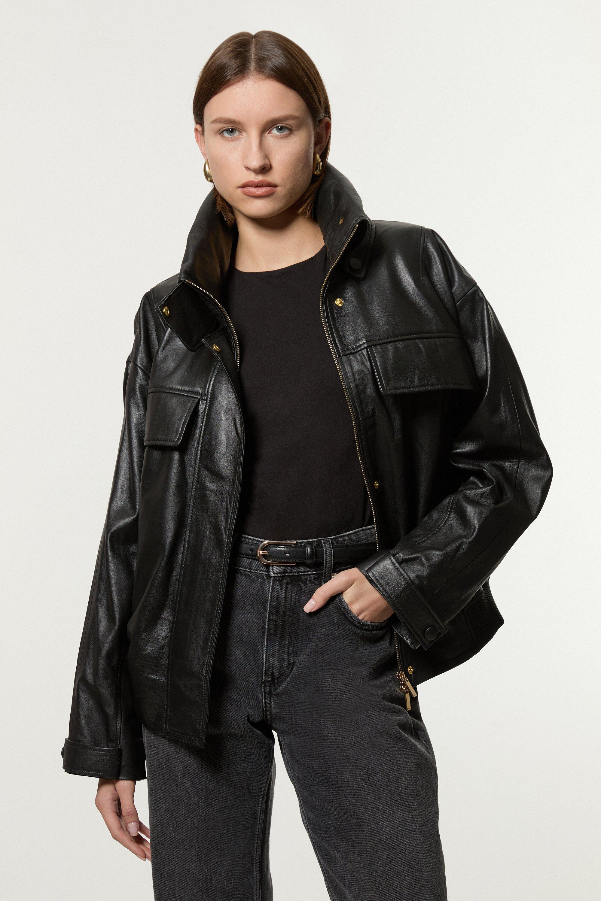 Leather High Neck Blouson Bomber Jacket | Karen Millen UK + IE + DE + NL