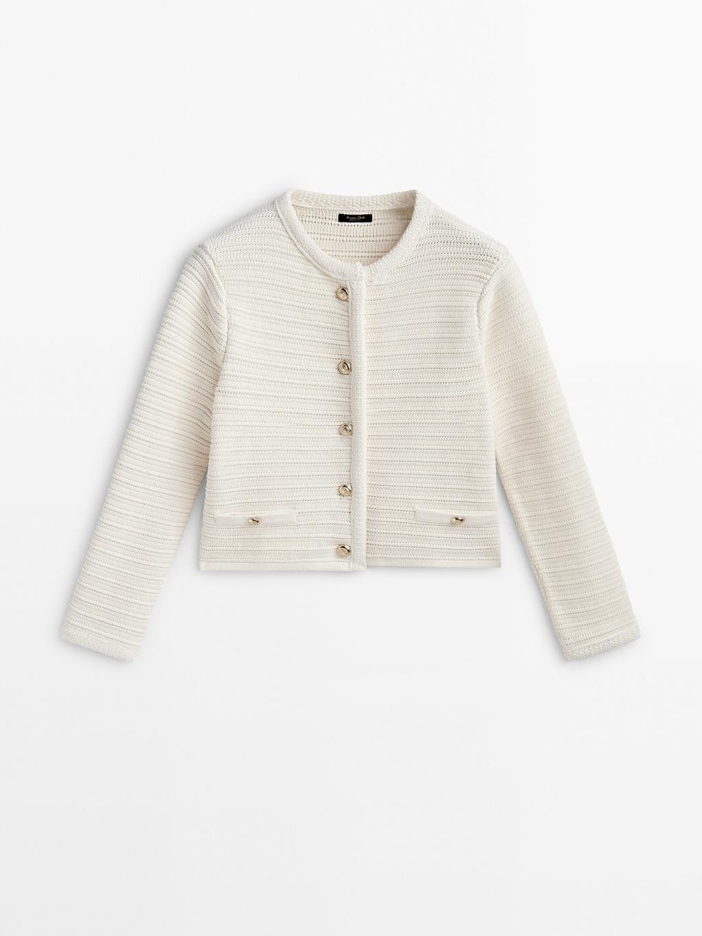 Textured knit cardigan with gold buttons | Massimo Dutti US
