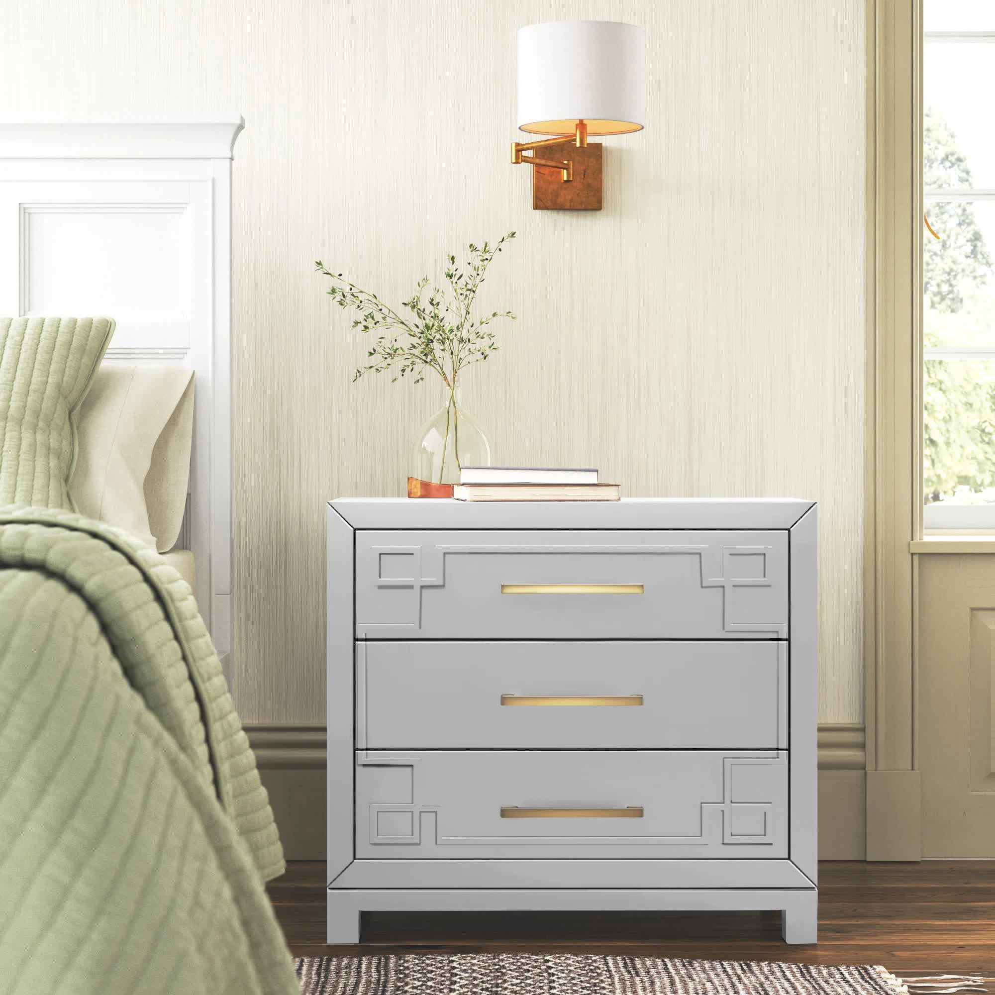 Elegant Chamere 31.87'' Wide Nightstand – Glam Bedroom Chest with 3 Drawers and Brass Pulls Sto... | Wayfair North America