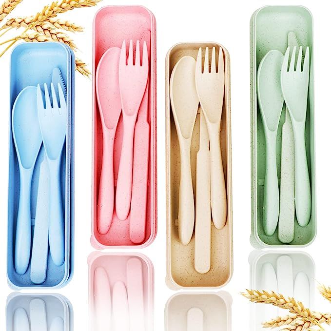 Reusable Travel Utensils Set with Case, 4 Sets Wheat Straw Portable Knife Fork Spoons Tableware, ... | Amazon (US)