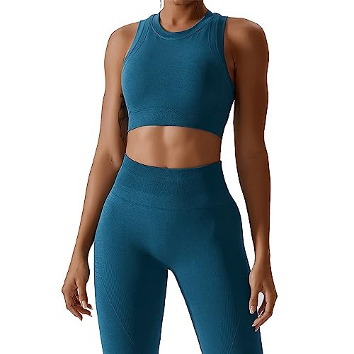 ABOCIW Workout Sets for Women, High Impact Racerback Sports Bra Crop Tops and Seamless Tummy Control High Waist Leggings 2 Piece Gym Yoga Outfits Navy Blue X-Large | Amazon (US)
