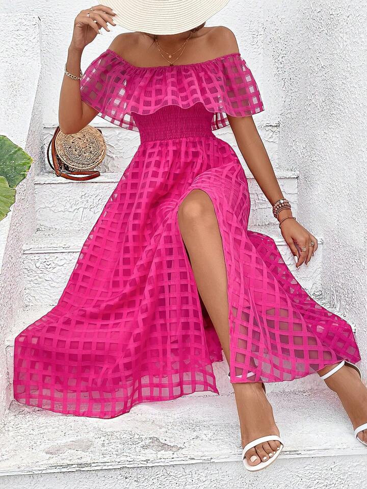 SHEIN VCAY Off Shoulder Ruffle Trim Split Thigh Dress | SHEIN