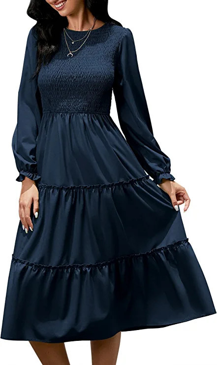 YOESEE Women Long Sleeve Ruffle Tiered Midi Dress Smocked High Waist Maxi Long Dresses | Amazon (US)