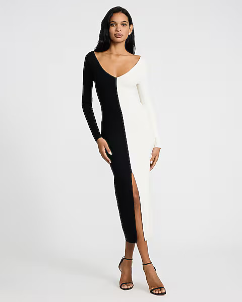 Airy Soft Color Block V-Neck Long Sleeve Maxi Sweater Dress | Express