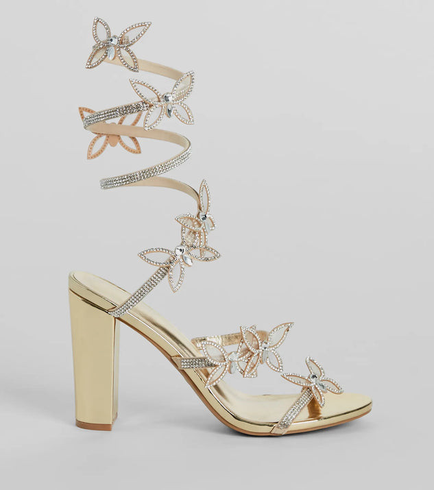 Dreamy Rhinestone Butterfly Spiral Metallic Heels | Windsor Stores